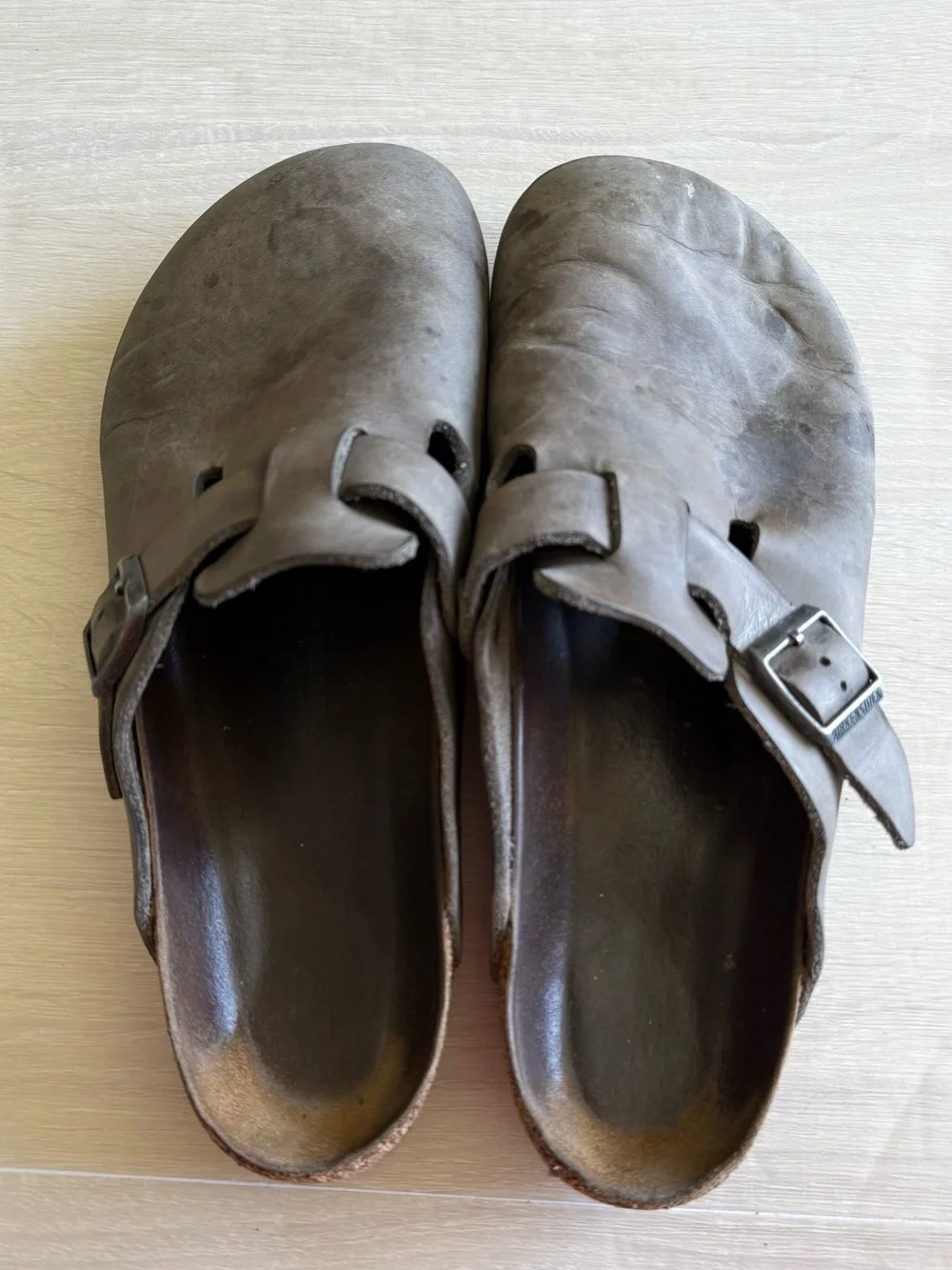 Birkenstock Boston Clogs Gray Taupe Leather Buckle Slip On Shoes Size 44